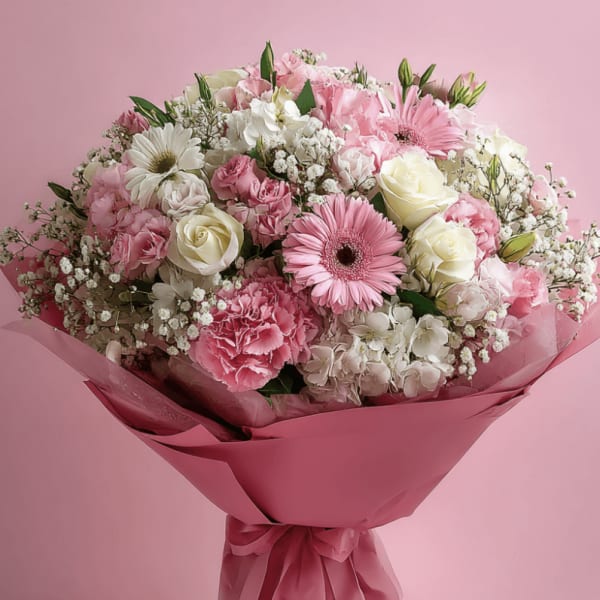 Pink and white mixed bouquet wrapped in pink paper