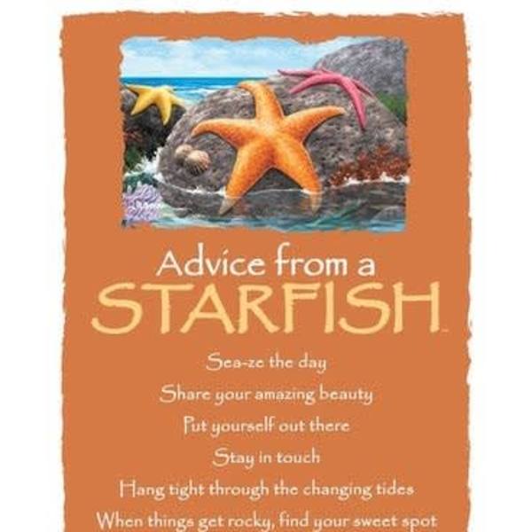 Inspirational orange wall art with starfish illustration and advice text.