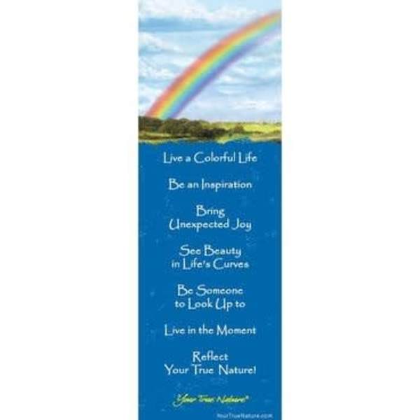 Tall blue bookmark with a rainbow over a landscape and inspirational white text.
