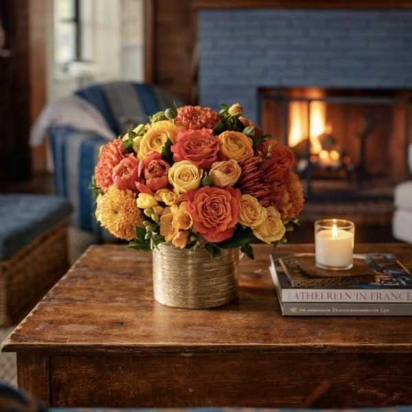 Orange and yellow rose bouquet in a gold vase on a table