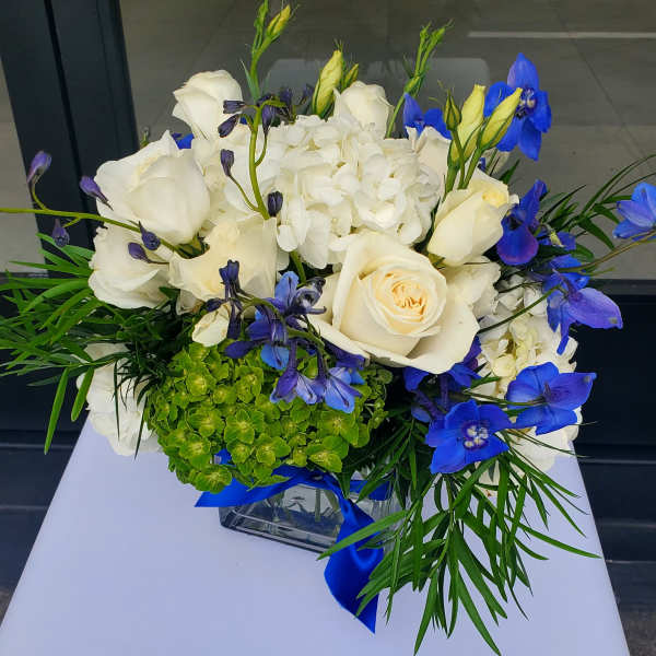 Low arrangement of white roses, hydrangeas, and bright blue flowers in a clear cube vase with a blue ribbon
