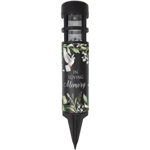 Black memorial solar light stake with a dove and "In Loving Memory" text
