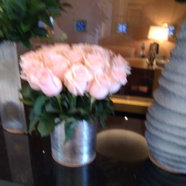 Bouquet of pale pink roses in a silver vase