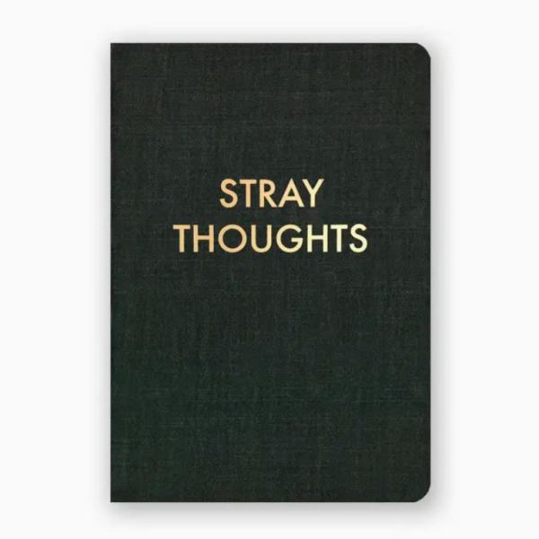 Black notebook with the words "STRAY THOUGHTS" on the cover