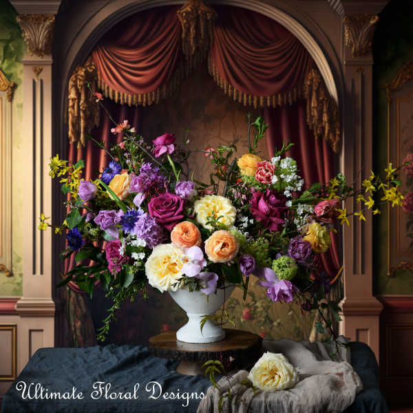 Large mixed flower arrangement in a white pedestal vase