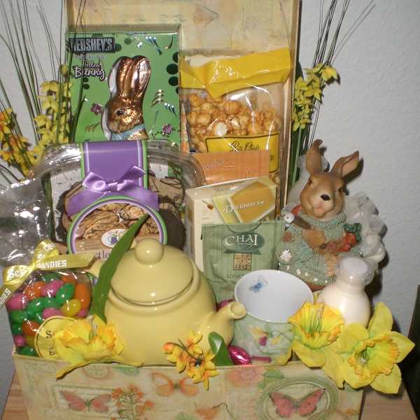 Gift basket with candy, tea, a teapot, and a bunny figurine