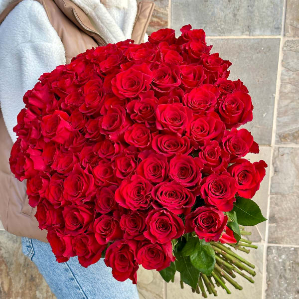 Person holding an extra-large bouquet of tightly clustered red roses.