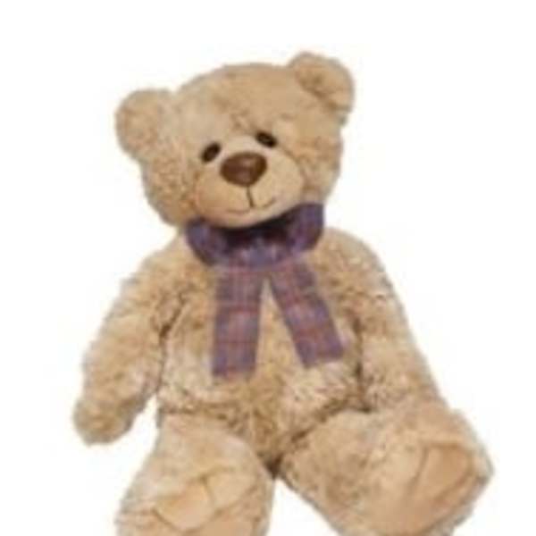 Tan plush teddy bear with a purple plaid scarf sitting against a white background.
