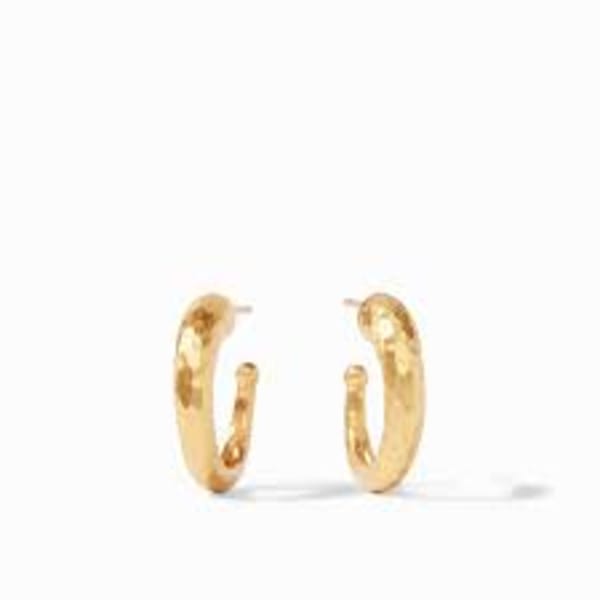 Pair of small textured gold hoop earrings on a white background