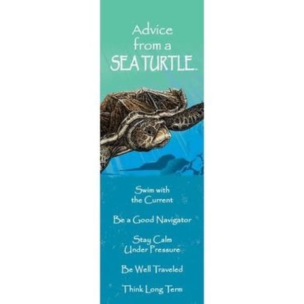 Tall teal bookmark with a sea turtle illustration and inspirational text.