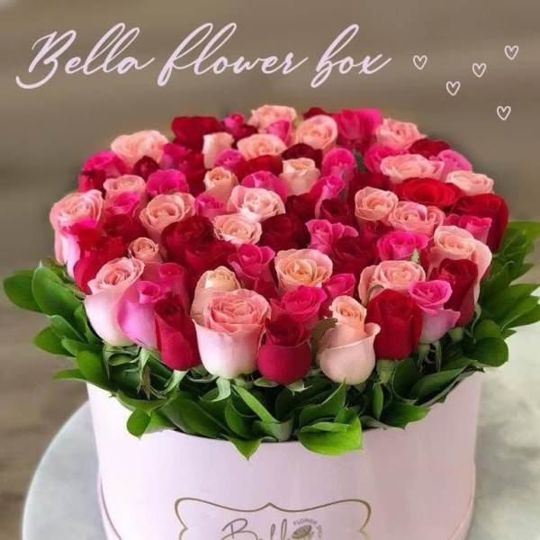 Heart-shaped box of pink and red roses with green leaves