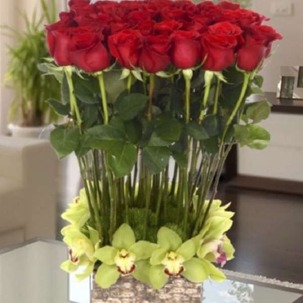 Tall arrangement of red roses with green orchids in a square vase