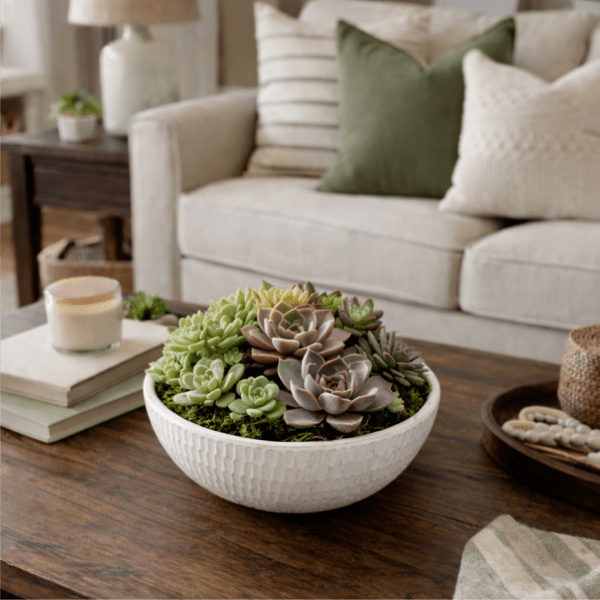 Succulent arrangement in a white bowl on a coffee table