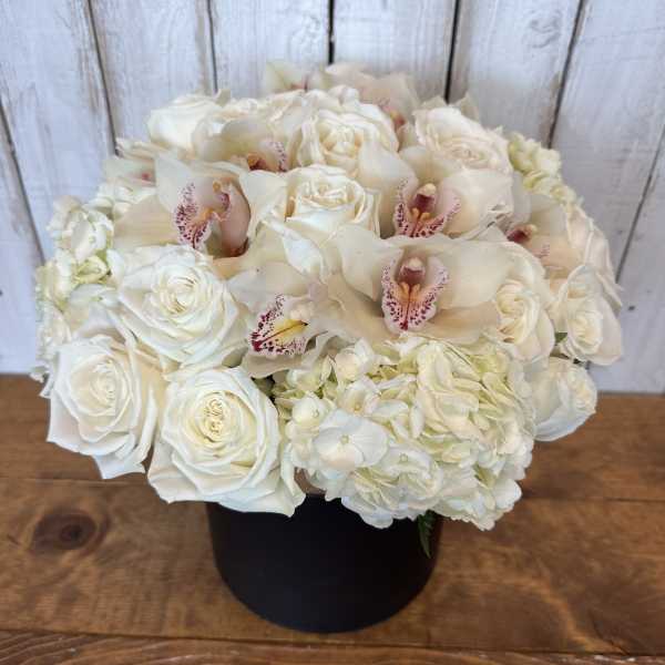 White roses and orchids arranged in a black box