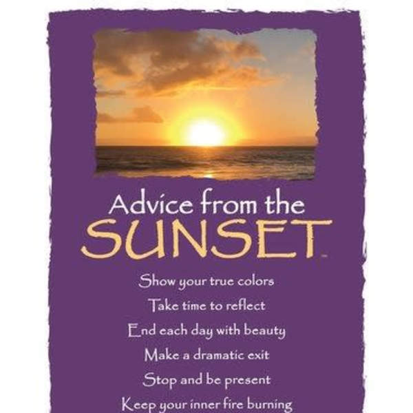 Purple inspirational poster with a sunset photo and advice text in white and yellow
