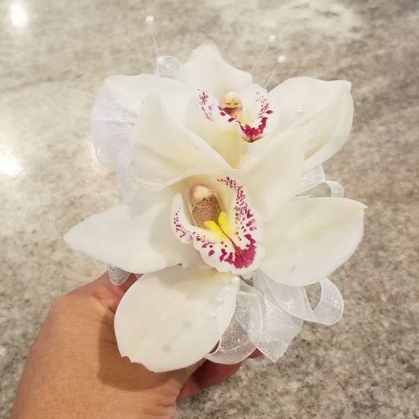 White orchid corsage with a sheer ribbon and pearl accents