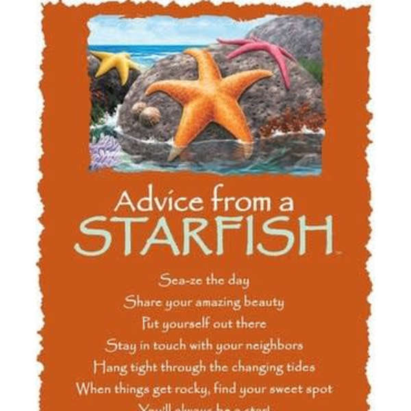 Orange plaque with starfish and ocean scene and inspirational advice text