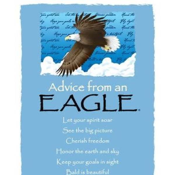Blue inspirational art print with a flying eagle and advice text titled Advice from an Eagle.