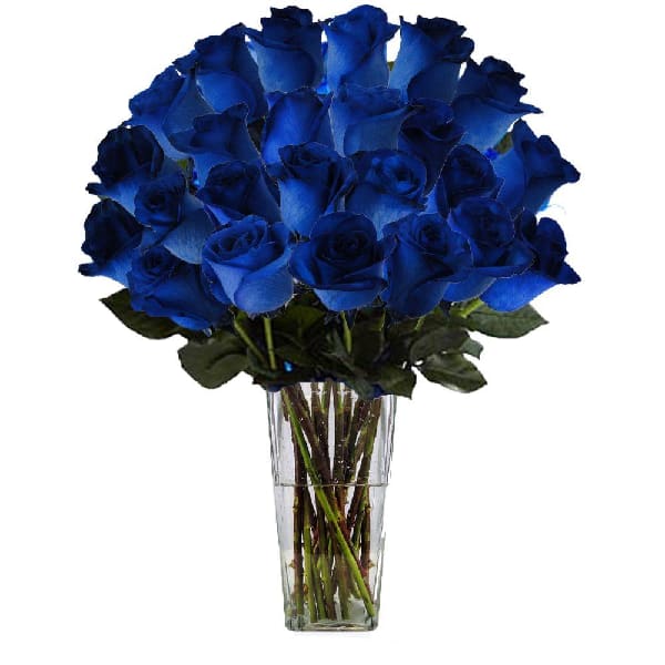 Bouquet of blue roses in a clear glass vase