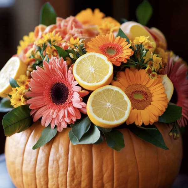 Gerbera daisies and citrus slices arranged in a pumpkin