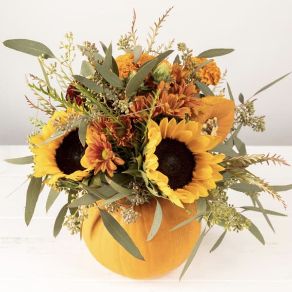 Sunflowers and orange blooms arranged in a pumpkin vase