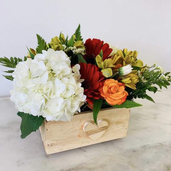 Wooden box arrangement with white hydrangea, red gerbera daisies, yellow blooms, and an orange rose
