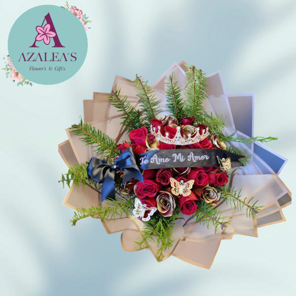 Bouquet of red roses with a crown and ribbon