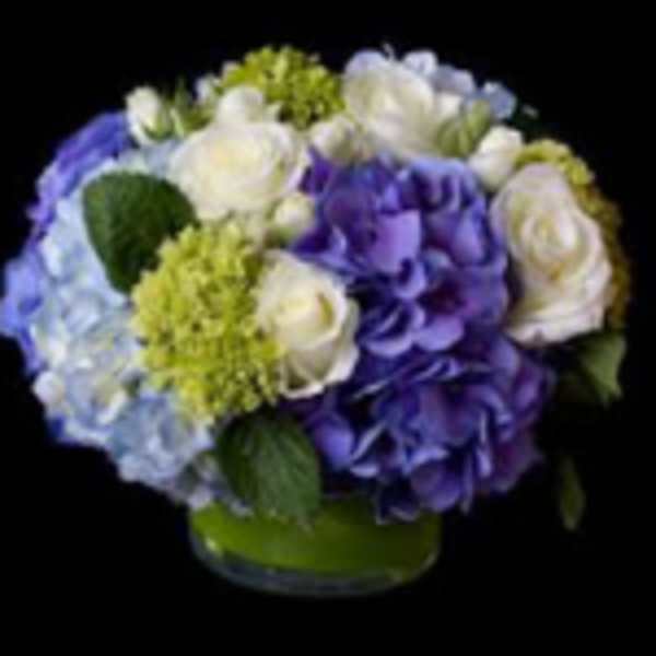 Low round arrangement of blue and purple hydrangeas with white roses in a clear glass vase