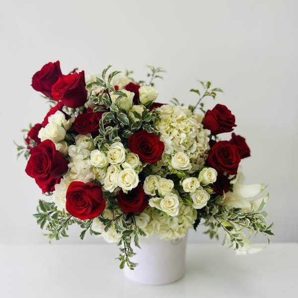 Red and white roses arranged in a white vase