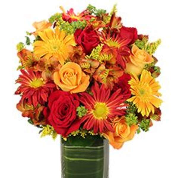 Bouquet of red and yellow flowers in a square glass vase