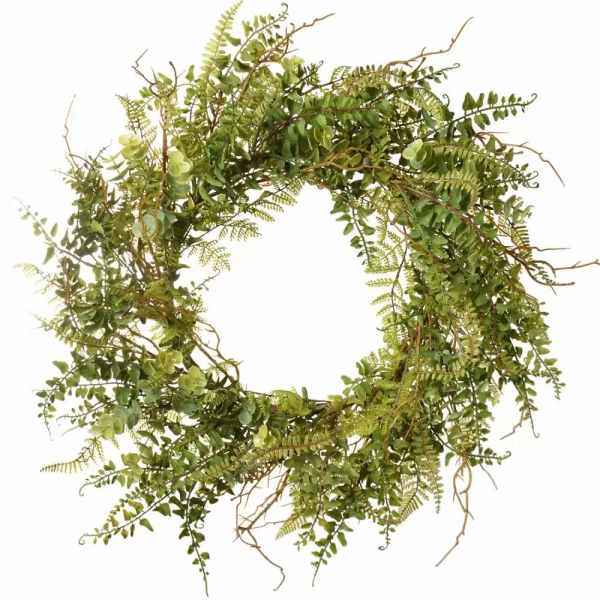 Circular greenery wreath with mixed fern and eucalyptus-like foliage