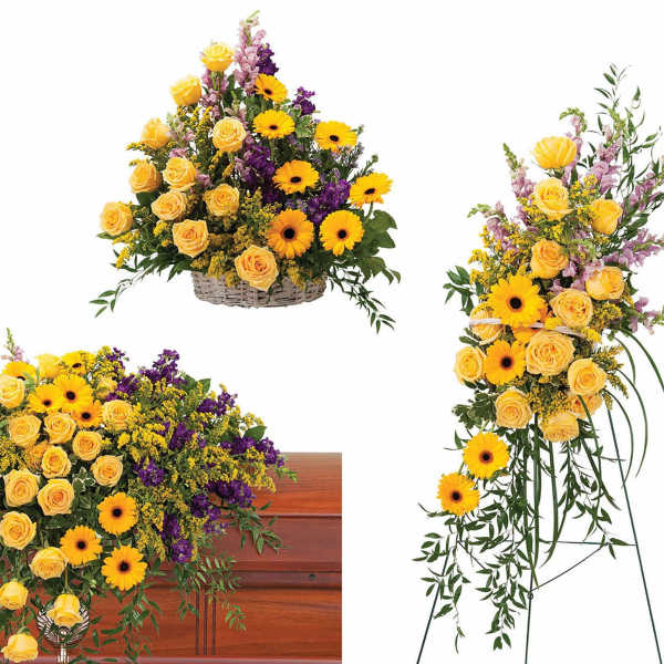 Set of yellow rose and daisy funeral arrangements with casket spray, basket, and standing spray.