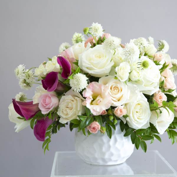 White and blush roses with magenta calla lilies in a white vase