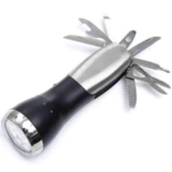 Black and silver multi-tool flashlight with folding blades