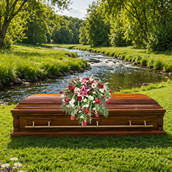 Pink and white casket spray with lilies and roses on a wooden casket in a grassy riverside setting
