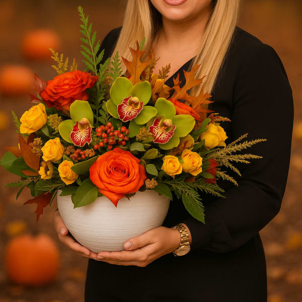 Woman holding a white bowl of orange and yellow flowers