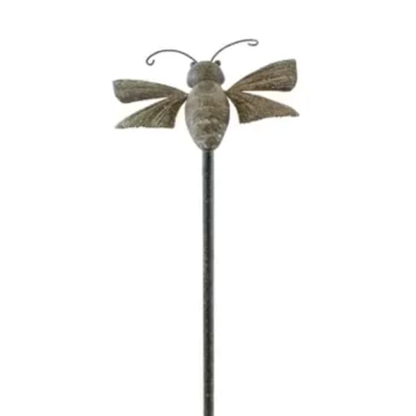 Metal bee garden stake with curled antennae on a long black rod