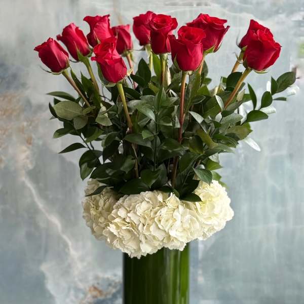 Red roses arranged in a tall glass vase with white hydrangeas at the base.