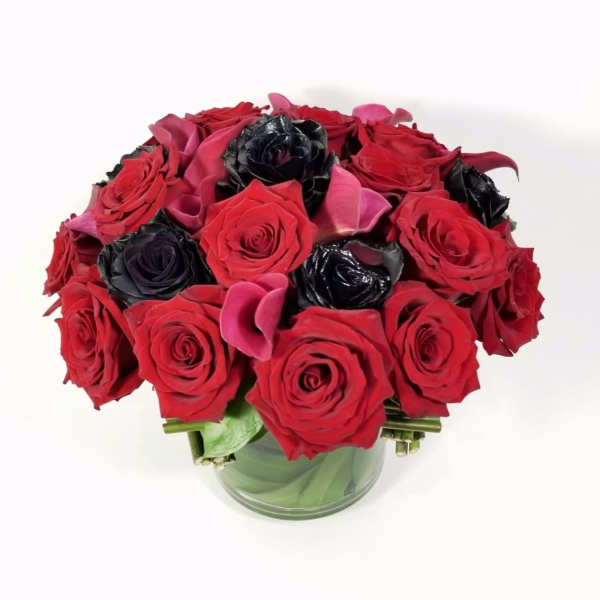 Bouquet of red and black roses in a glass vase