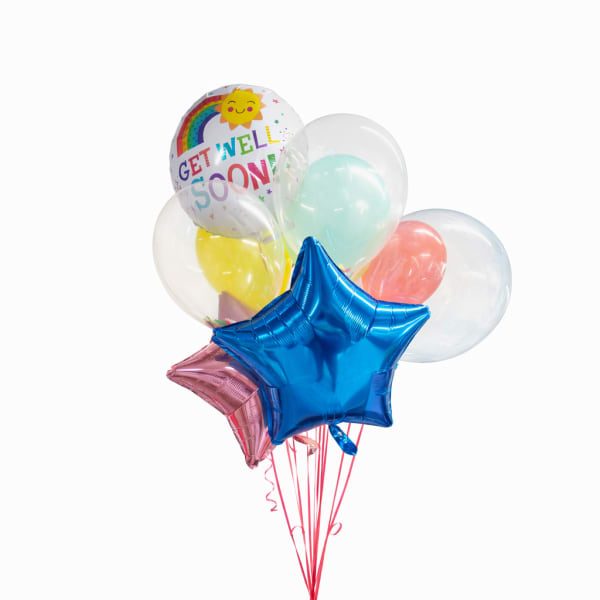 Cluster of balloons with a "Get Well Soon" balloon and star balloons