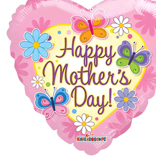 Heart-shaped pink Mother's Day foil balloon with butterflies and cartoon flowers
