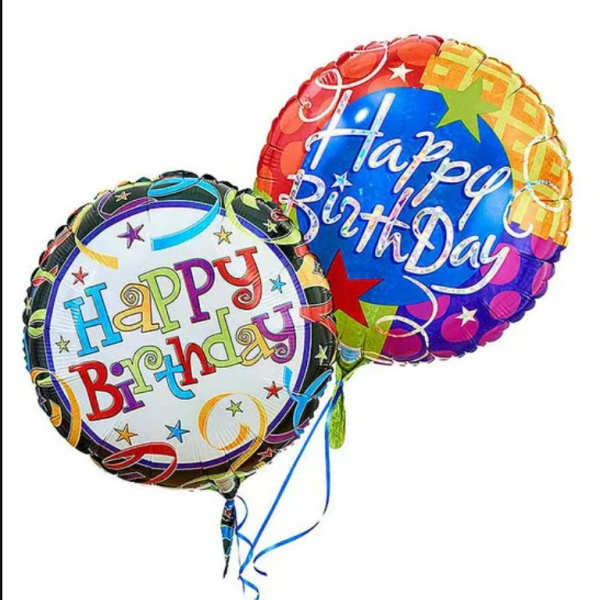 Two colorful birthday balloons with ribbon tails