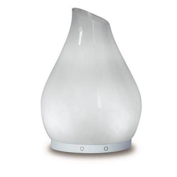 White teardrop-shaped electric diffuser with a frosted finish and small control icons on the base.