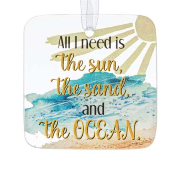 Square hanging beach-themed sign with sun, ocean, sand art and a beach quote in cursive text.