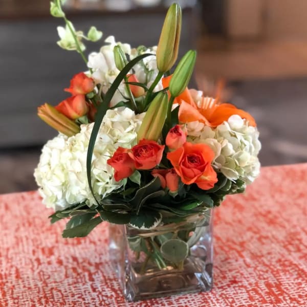 Orange roses and white hydrangeas in a square glass vase