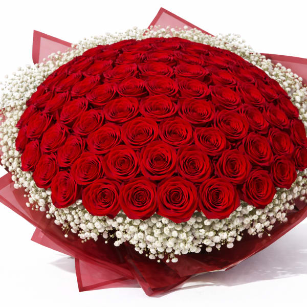 Large bouquet of red roses with white baby's breath wrapping