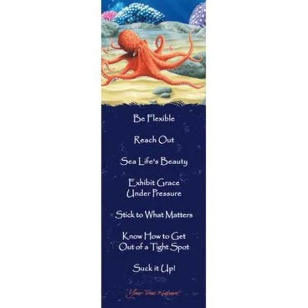 Tall blue bookmark with illustrated orange octopus and inspirational advice text.
