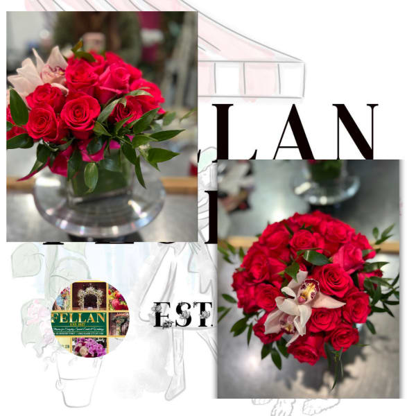 Compact arrangement of hot pink roses with pale pink orchids in a clear glass cube vase