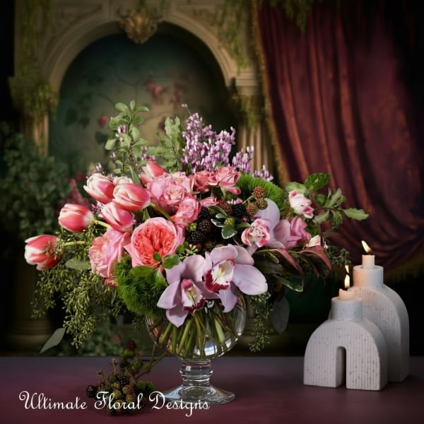 Pink floral arrangement in a glass vase beside white candles