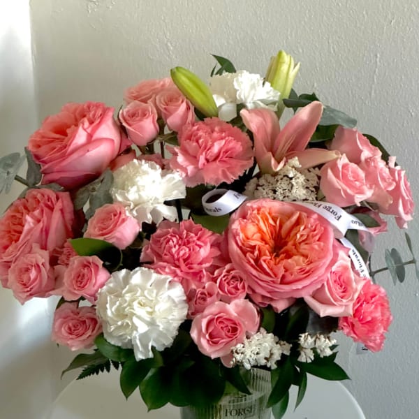 Cute Cindy vase- Lily, Garden roses,mini roses,eucalyptus, diantus